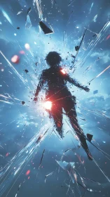 Silhouetted figure shatters through glowing cosmic glass portal.