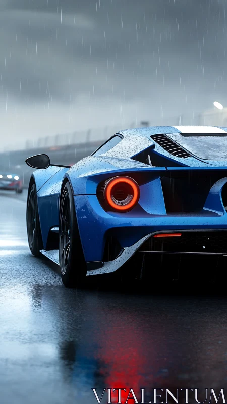 Blue supercar slices wet racetrack under heavy rain.