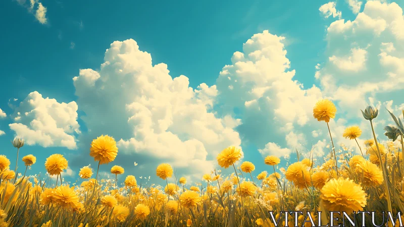 Golden dandelion field stretches under towering summer clouds
