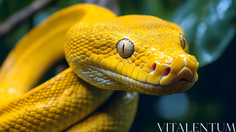 Golden tree python coils in sharp macro jungle focus.