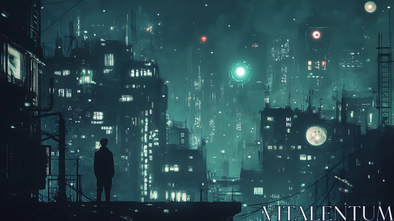 Silhouette observes dense neon cityscape under glowing orbs