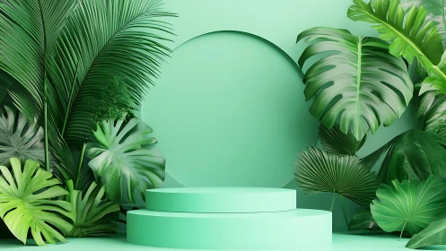 Tropical green podium framed by lush layered foliage backdrop.