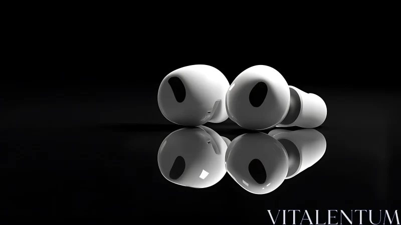 Wireless white earbuds with reflective black surface view.