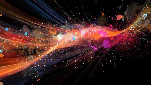 Colorful light streaks curve across dark background space