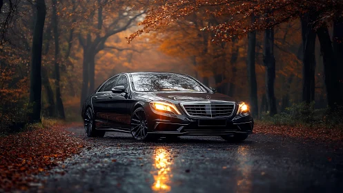 Black sedan on wet forest road during overcast autumn light.