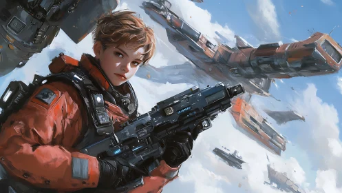 Starward pilot steadies a charged rifle amid drifting carriers