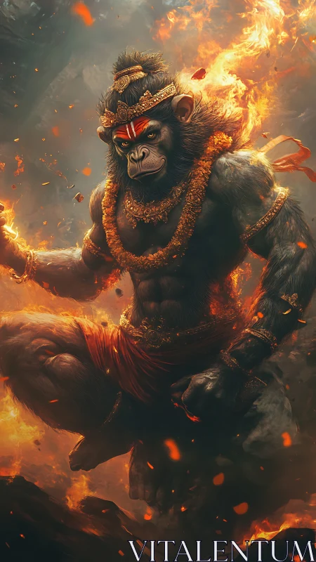 Digital painting of divine warrior monkey amid flames.