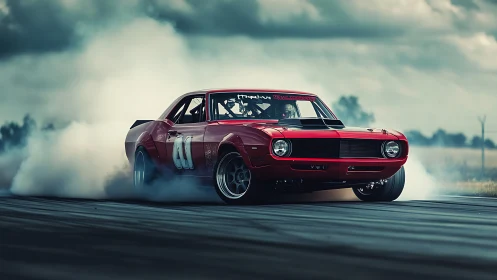 Red classic race car drifting on track in heavy tire smoke.