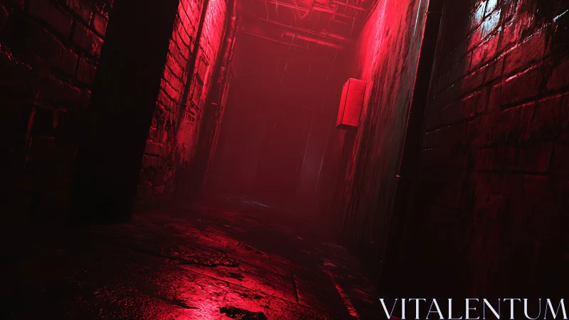 Moody neon alleyway glows with intense red night light