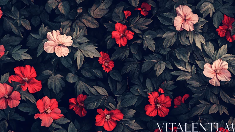 Floral Composition with Vibrant Red and Pale Pink Blooms Against Dense Dark Foliage