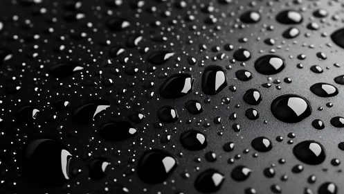 Water droplets scatter across matte black surface in macro view