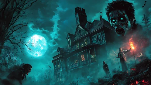 Haunted manor under eerie moonlight swarms with undead horrors.