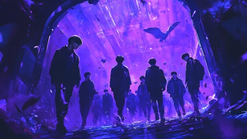 Silhouetted youths traverse neon-violet tunnel in cinematic backlight