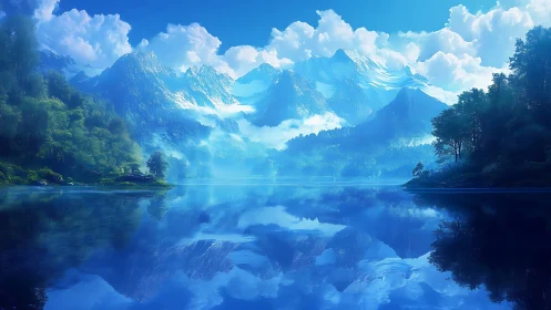 Mirror-bright lake cradles snowlit peaks in tranquil blue hush