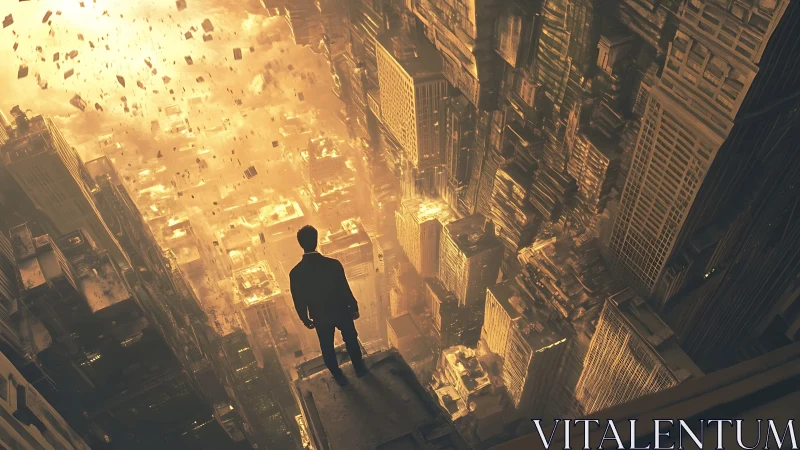 Solitary figure over collapsing golden cityscape abyss.