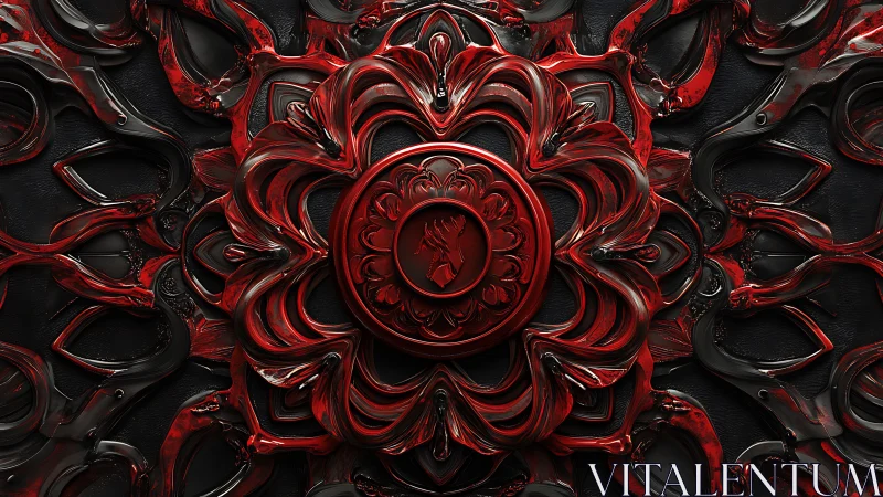 Red concentric ornamental structure with central emblem.