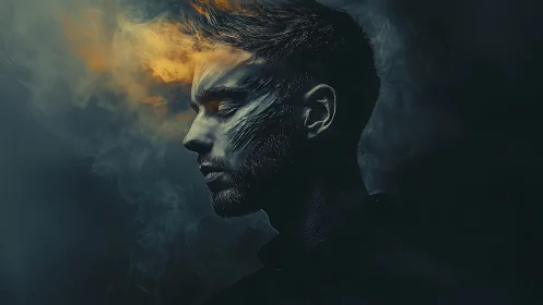Profile view shows male head merging with smoke and light