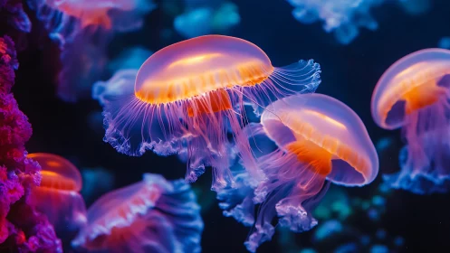 Glowing jellyfish drift in dense blue water with coral nearby