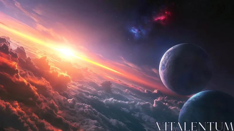 Sunrise over alien clouds with twin silent worlds.