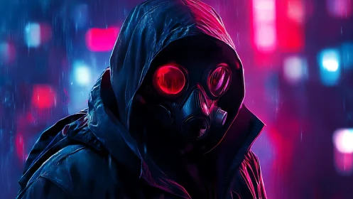 Mysterious hooded wanderer in neon soaked city rain.