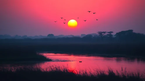 Saffron river sun serenades dusk birds in rose fog glow.