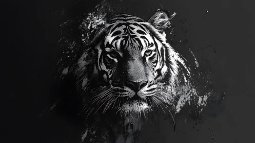 Tiger head rendered in monochrome splatter digital painting