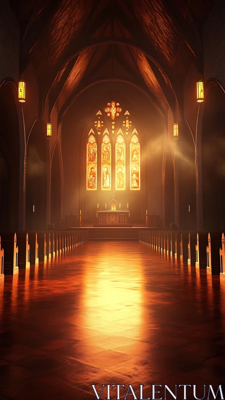 Golden light flooding a vaulted cathedral nave at dusk.