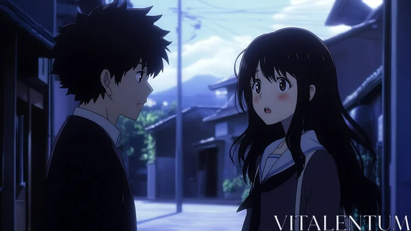 Evening street scene with two anime students in profile.