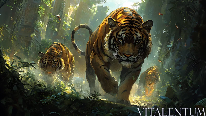 Digitally Rendered Jungle Predators: Bengal Tigers with Advanced Volumetric Lighting and Environment