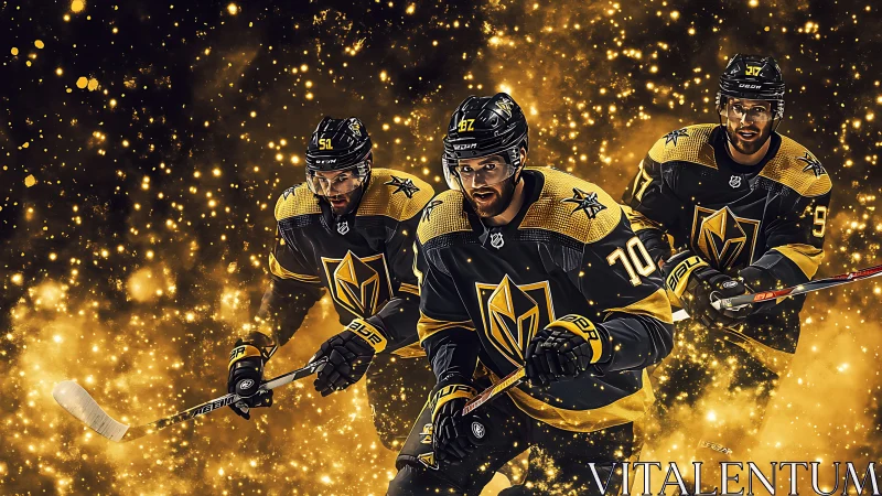 Golden hockey trio skating through sparkling lights.