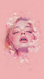 Ethereal blush portrait immersed in floating cherry blooms.