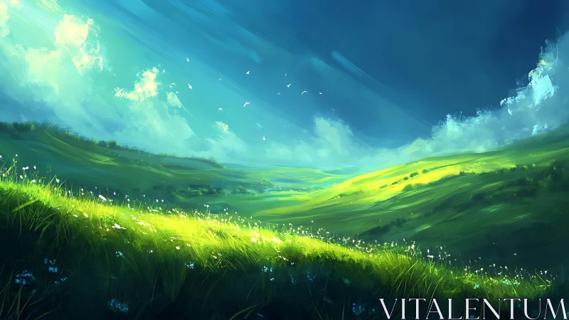 Luminous valley landscape with dynamic brushwork and layered light