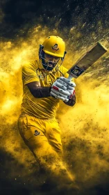 Cricketer in bright yellow kit swinging bat through dust.