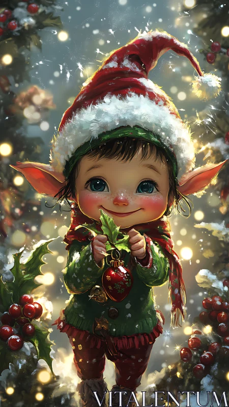 Digital painting of festive Christmas elf with ornament focus.