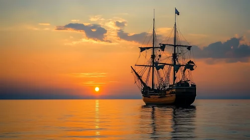 Silhouetted tall ship crosses calm sea at radiant sunset