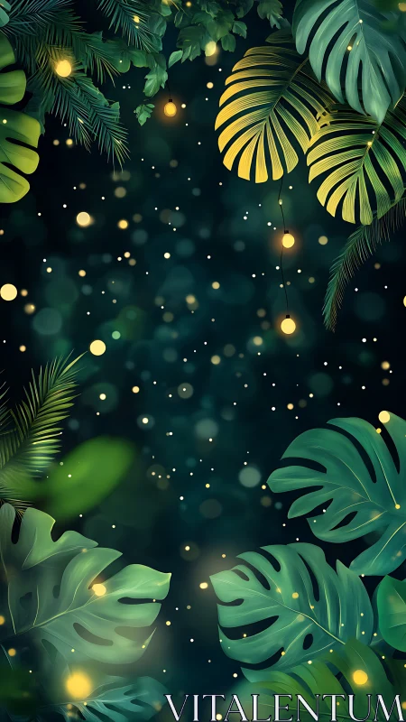 Glowing jungle leaves under softly drifting golden lights.