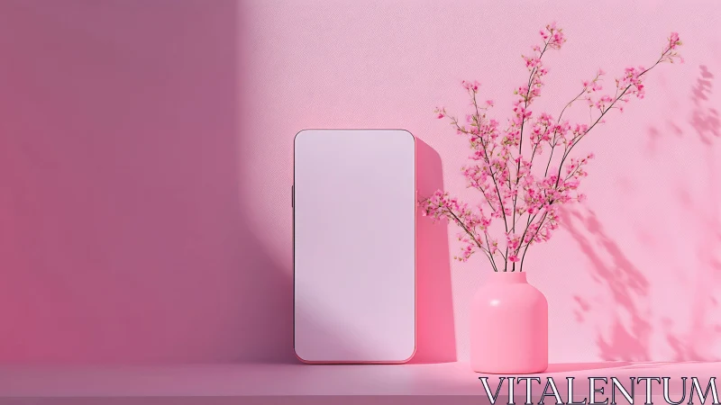 Minimal smartphone mockup beside pink vase with flowers.