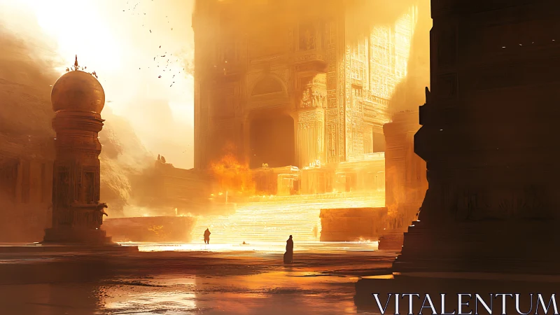 Sunlit desert temple invites wanderers toward glowing gates