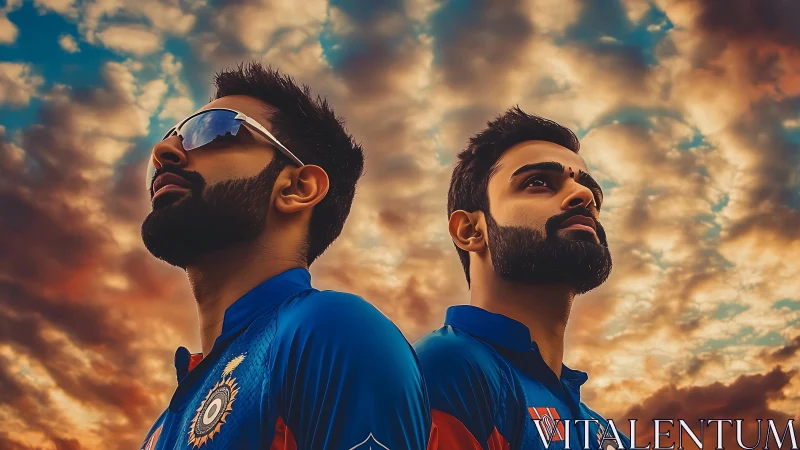 Stoic cricket teammates stare skyward under blazing clouds