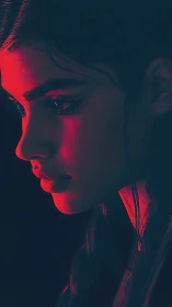 Cinematic red-gel profile portrait in high-contrast lighting.