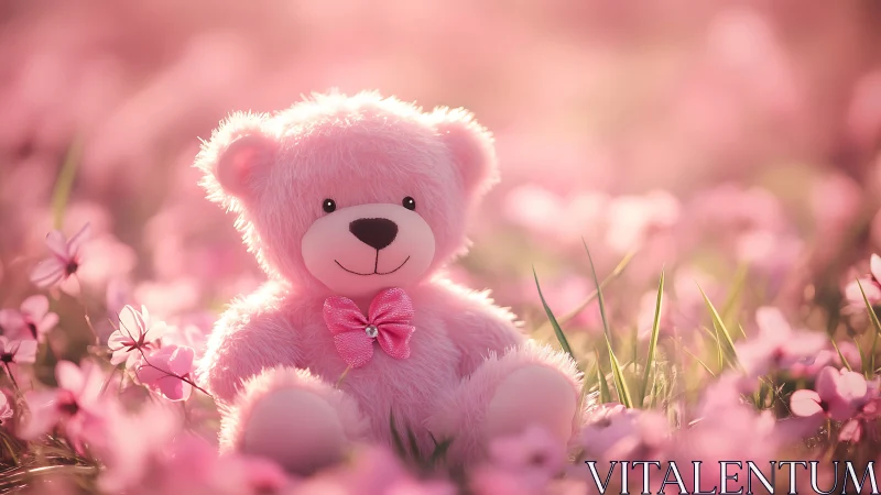 Soft pink teddy bear amid dreamy floral meadow glow.