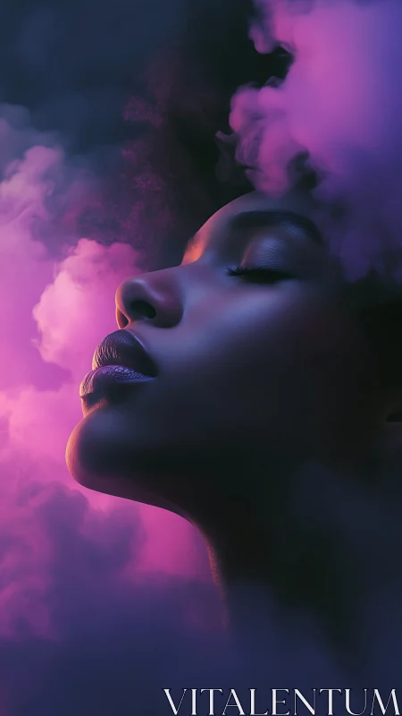 Digital portrait in neon mist with sculpted side profile lighting.