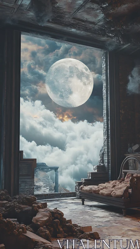 Moon over ruined bedroom with clouds beyond doorway.