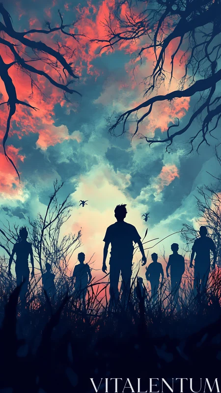 Silhouetted survivors stand beneath a burning twilight sky