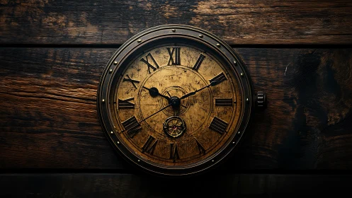 Weathered brass clock resting quietly on rustic wood walls.
