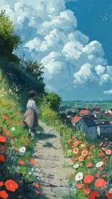 Sunlit hillside path with village rooftops under towering cumulus