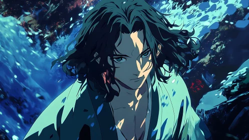 Stormlit warrior strides forward through swirling blue waters