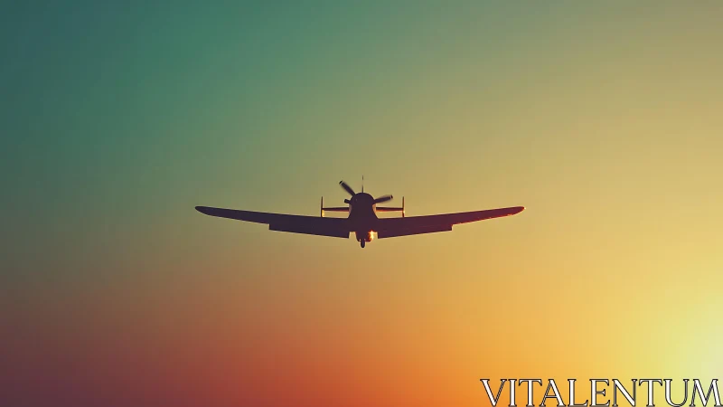 Propeller aircraft silhouette in gradient sunset airspace.
