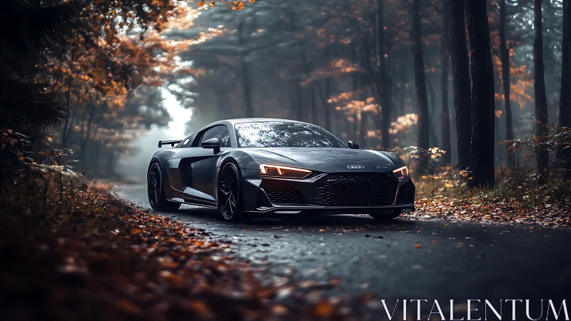 Photorealistic supercar on misty autumn forest roadway scene.