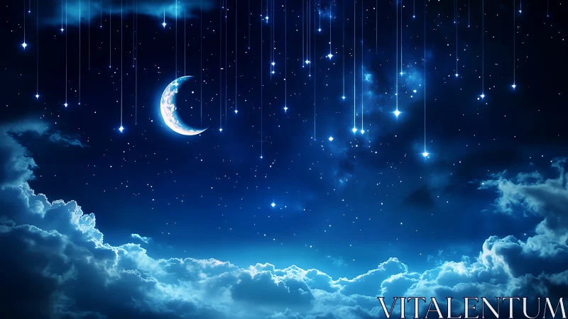 Digital painting of crescent moon above luminous cloud horizon.